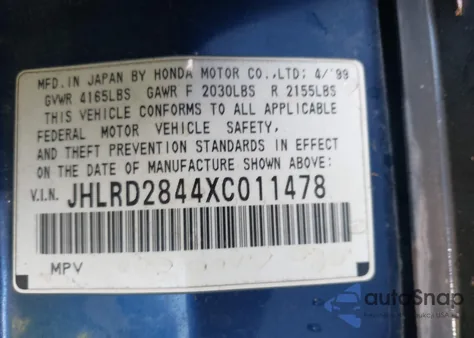 1999 Honda Cr-V Lx from USA, damaged, VIN JHLRD2844XC011478